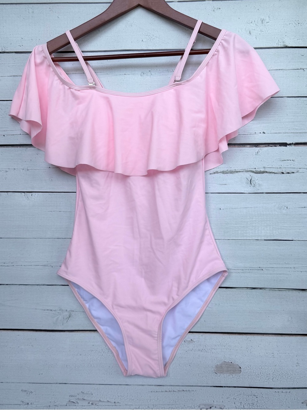 NWT Tempt Me Pink Off-the-Shoulder Ruffle One Piece Swimsuit - Picture 3 of 7